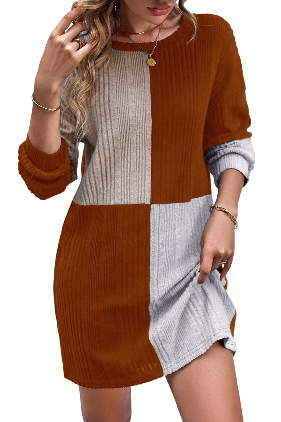 Shewin Women's Chestnut Ribbed Color Block Long Sleeve Drop Shoulder Short Dress