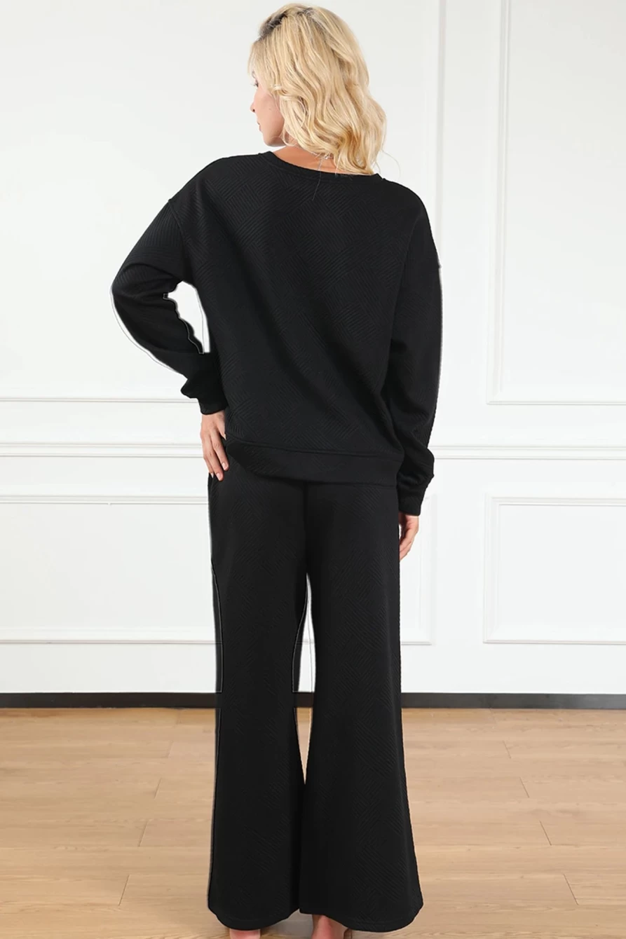 Shewin Women's Black Textured Loose Slouchy Long Sleeve Top and Pants Set
