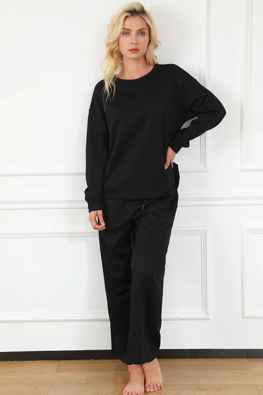 Shewin Women's Black Textured Loose Slouchy Long Sleeve Top and Pants Set