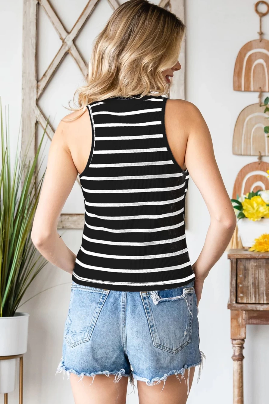 Shewin Women's Black Striped Ribbed Tank Top - Casual Crew Neck Sleeveless Shirt