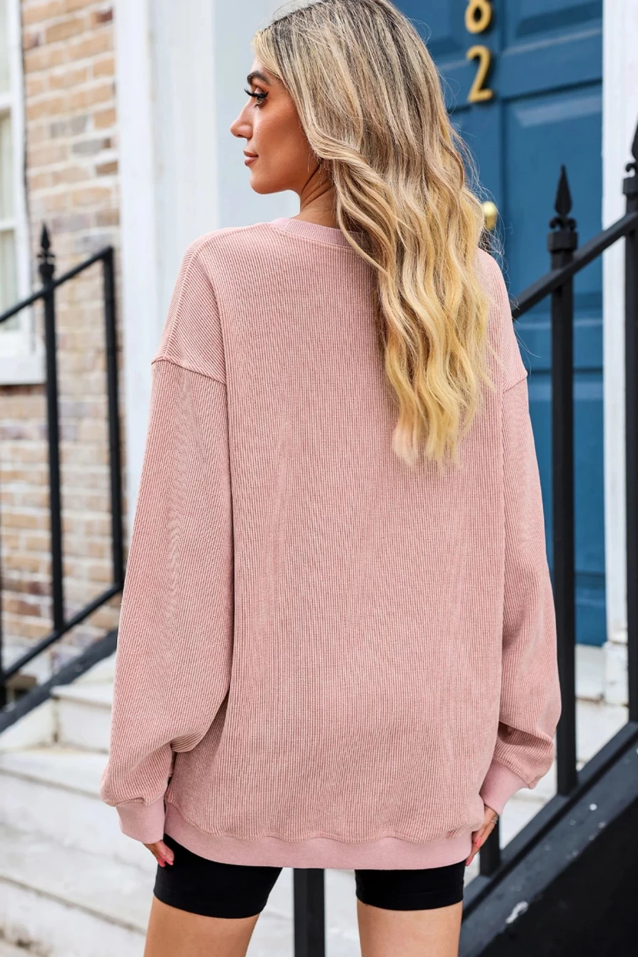 Women's Pink Corduroy Christmas Tree Sequin Graphic Sweatshirt | Shewin Holiday Fashion