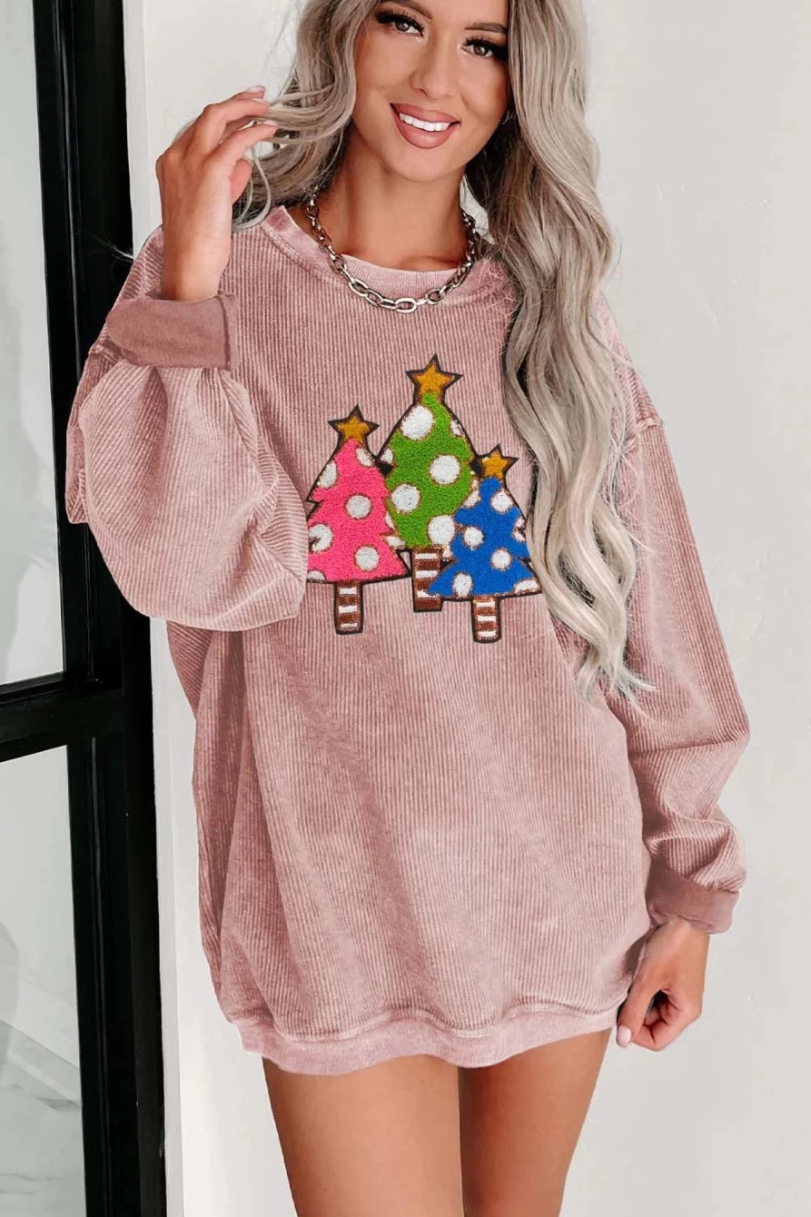 Women's Pink Corduroy Christmas Tree Sequin Graphic Sweatshirt | Shewin Holiday Fashion