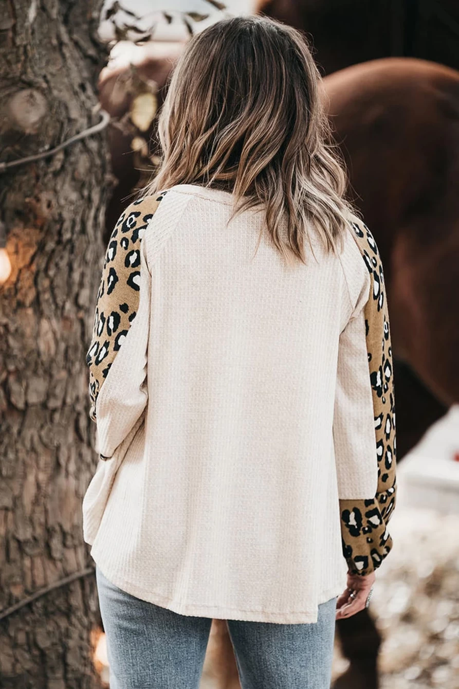 Shewin Women's Beige Printed Waffle Knit Leopard Contrast Long Sleeve Top
