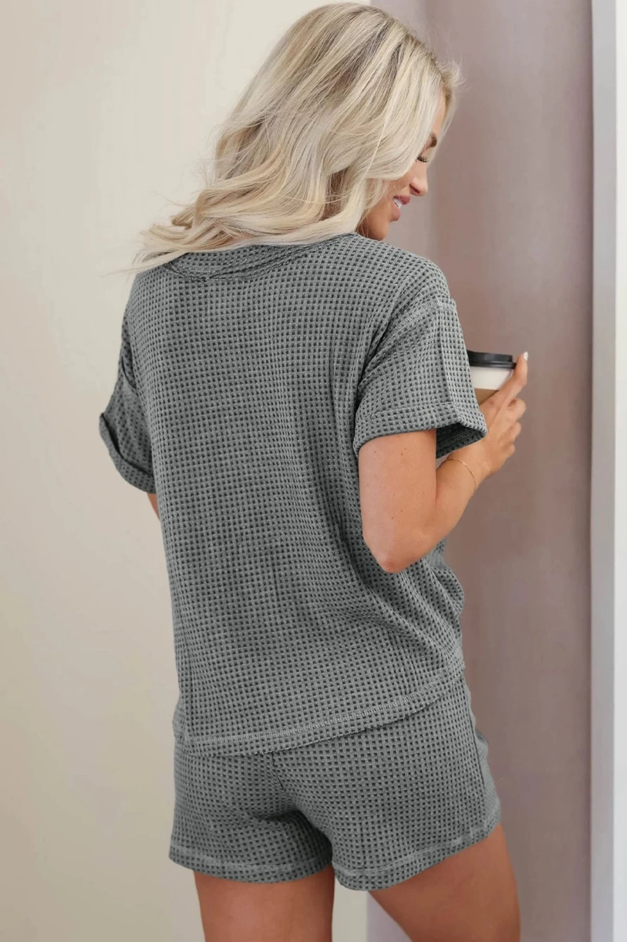 Shewin Women's Laurel Green Waffle Knit Henley Top & Drawstring Shorts Set