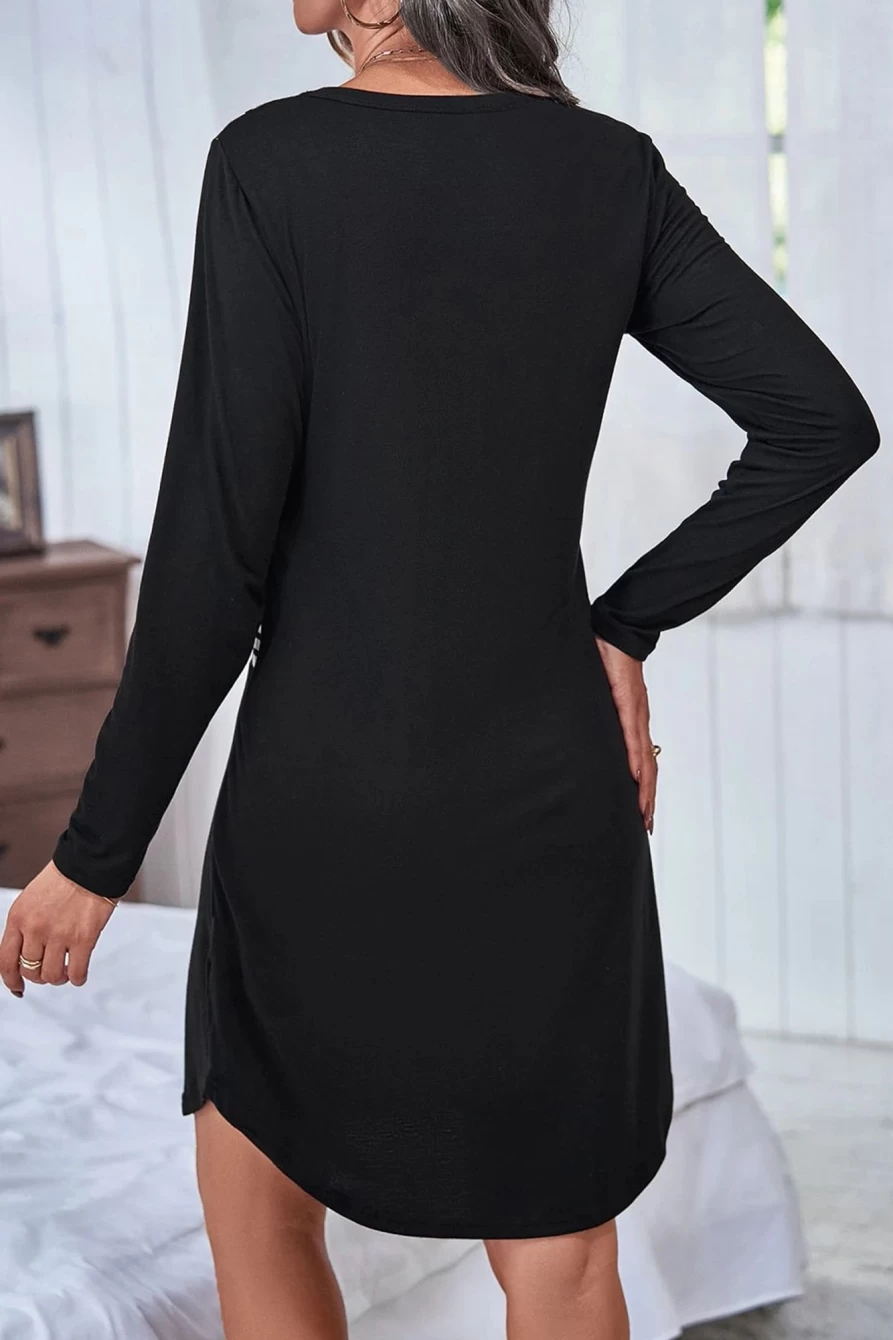 Shewin Women's Black Leopard Print Patchwork Long Sleeve T-Shirt Dress