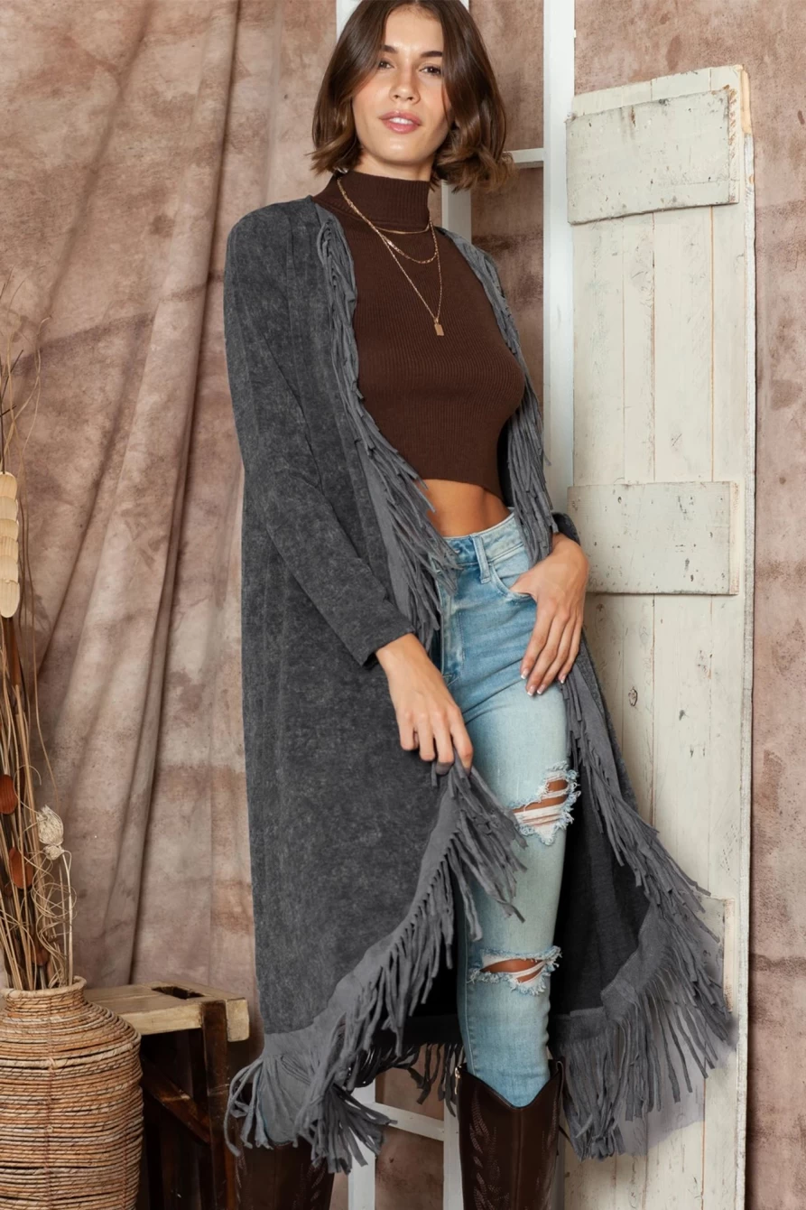Shewin Women's Black Mineral Washed Long Cardigan with Tassel Detail Open Front