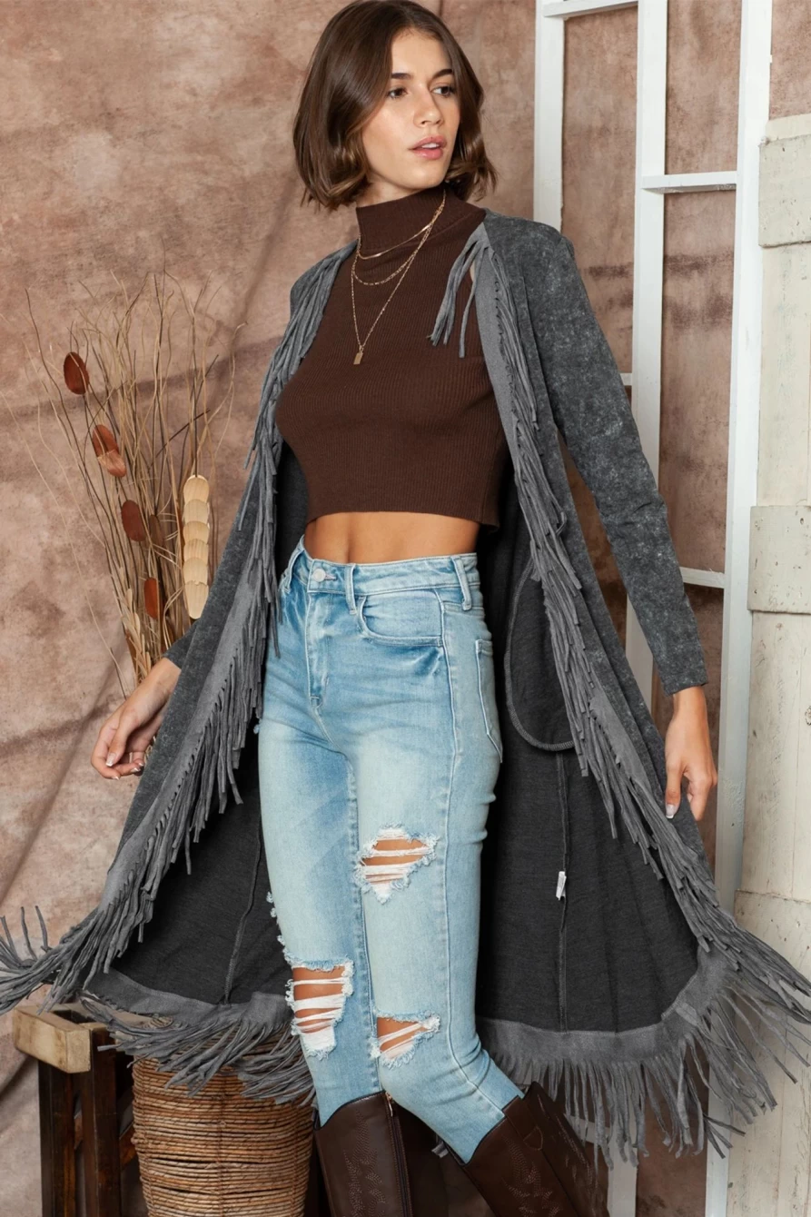 Shewin Women's Black Mineral Washed Long Cardigan with Tassel Detail Open Front