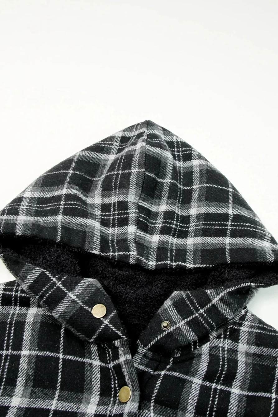 Shewin Women's Black-2 Sherpa Lined Flannel Jacket with Snap Buttons & Hood