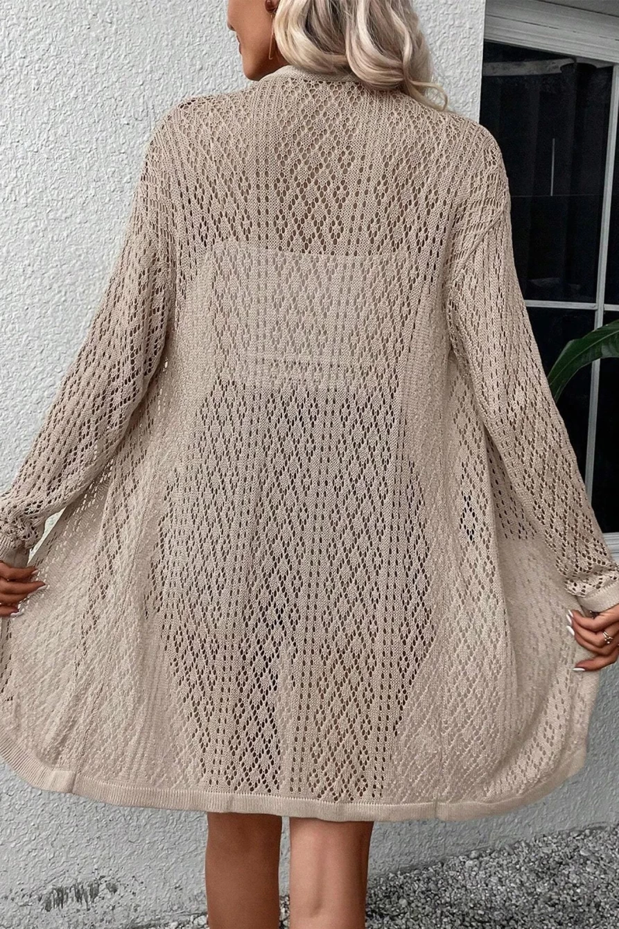 Women's Smoke Gray Solid Color Pointelle Knit Open Front Cardigan - Shewin