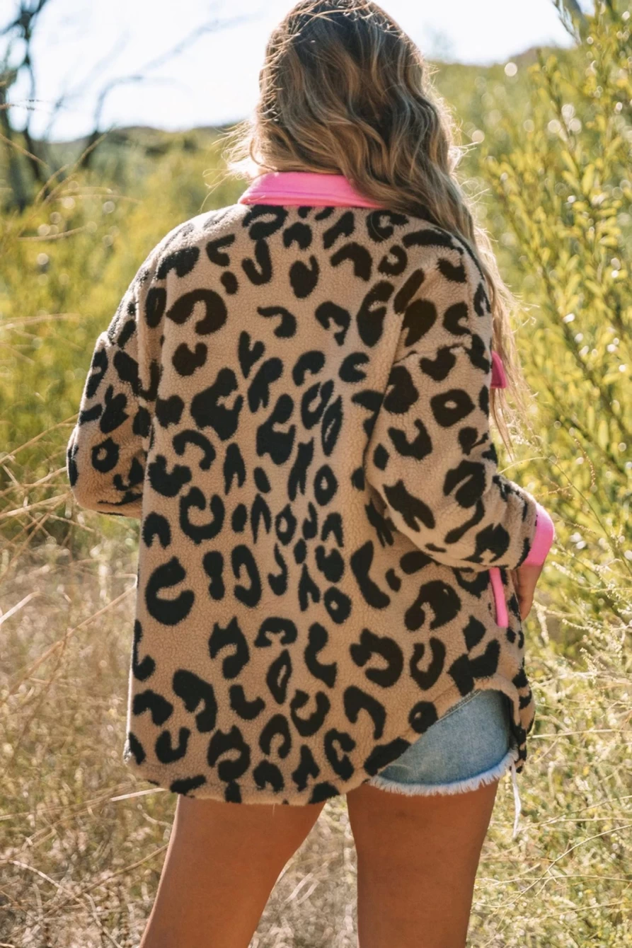Women's Leopard Print Fur Shacket with Contrast Binding & Pockets - Shewin