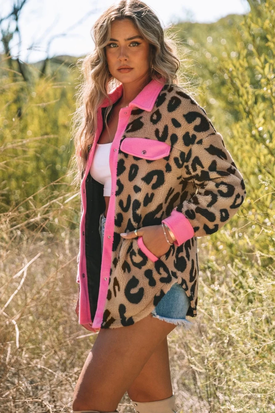 Women's Leopard Print Fur Shacket with Contrast Binding & Pockets - Shewin