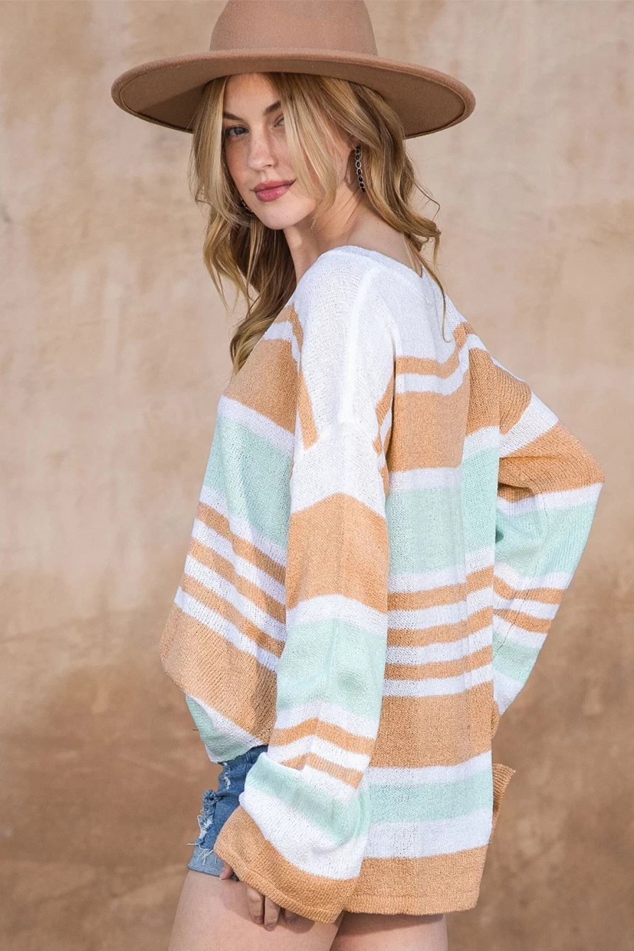 Shewin Women's Multicolor Colorblock Striped V-Neck Split Hem Sweater