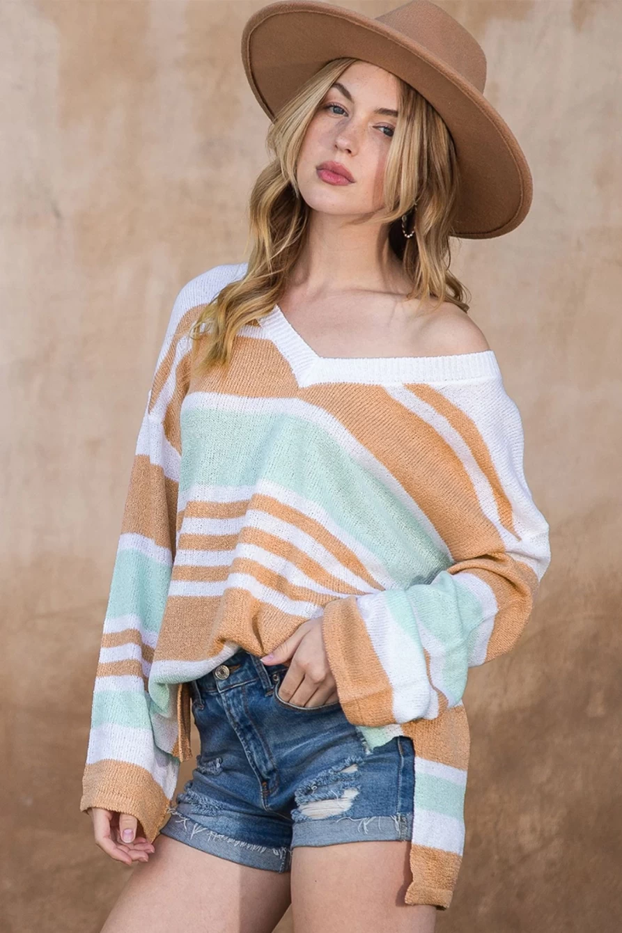 Shewin Women's Multicolor Colorblock Striped V-Neck Split Hem Sweater