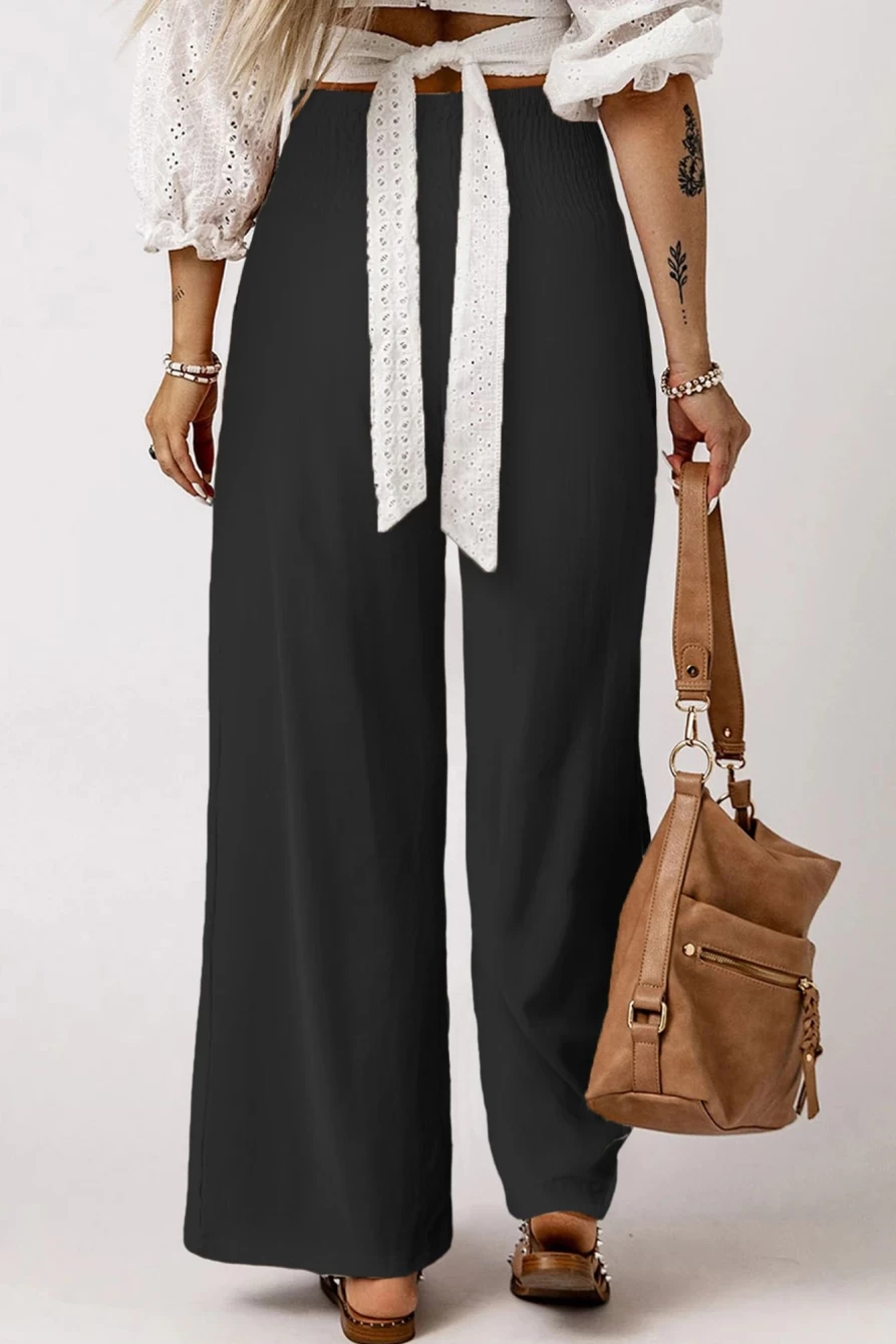 Shewin Women's Black High Waist Smocked Wide Leg Pants with Wide Waistband