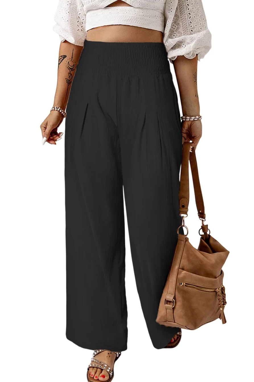Shewin Women's Black High Waist Smocked Wide Leg Pants with Wide Waistband