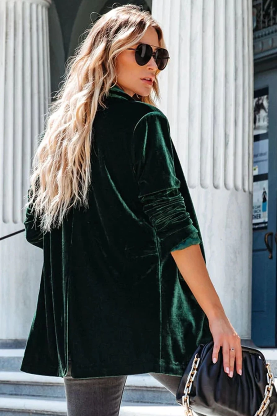 Women's Green Velvet Blazer with Lapel Collar & Flap Pockets by Shewin