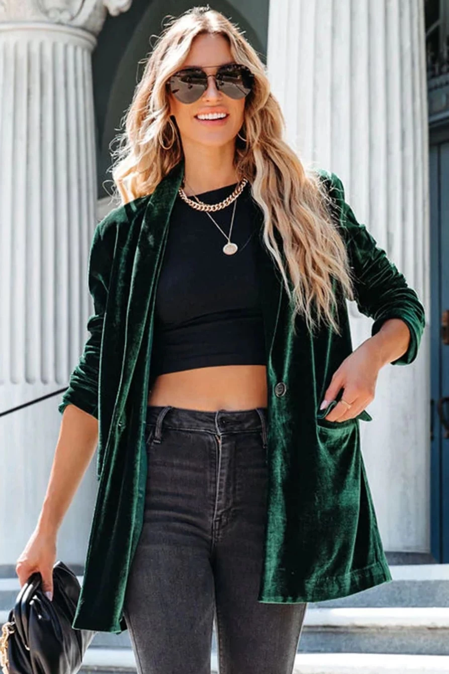 Women's Green Velvet Blazer with Lapel Collar & Flap Pockets by Shewin