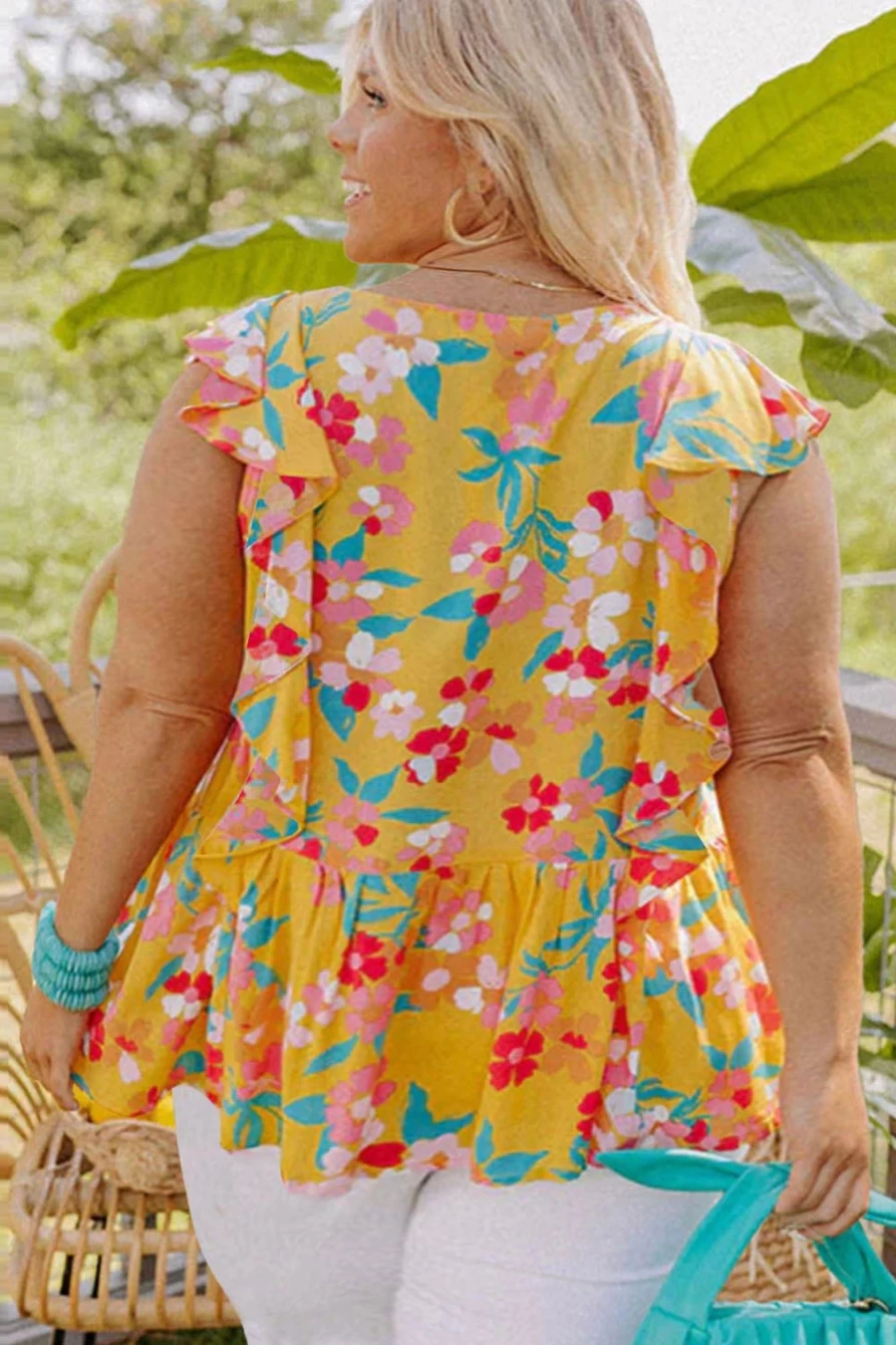 Shewin Women's Plus Size Yellow Floral Print Ruffle Sleeveless Blouse with Tie Neck