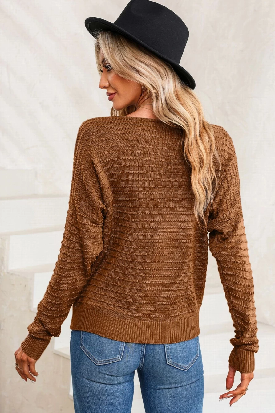 Shewin Women's Brown Textured Knit Dolman Sleeve Round Neck Sweater