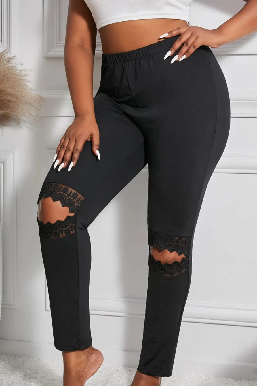 Shewin Women's Black Lace Contrast Hollow Out Skinny Leggings