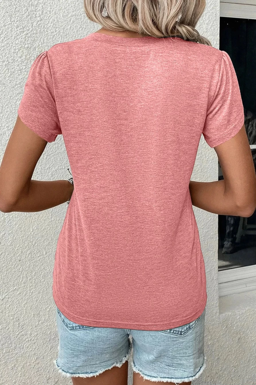 Shewin Women's Rose Tan Petal Sleeve V-Neck T-Shirt Floral Feminine Top