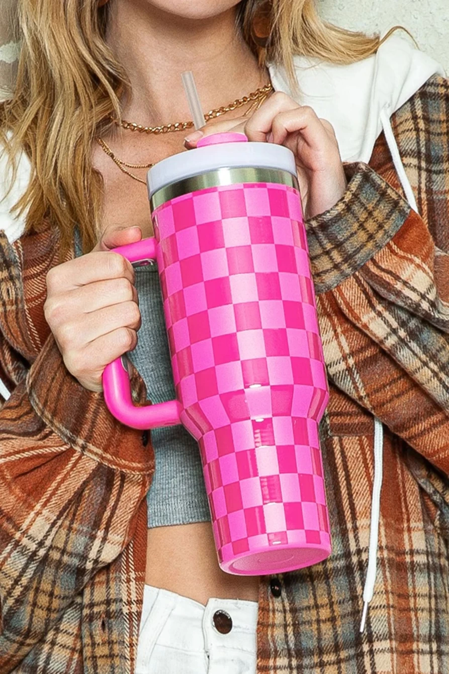"Shewin Dark Pink Checkered Print Stainless Steel Tumbler Cup for Women - Insulated Handle Travel Mug"