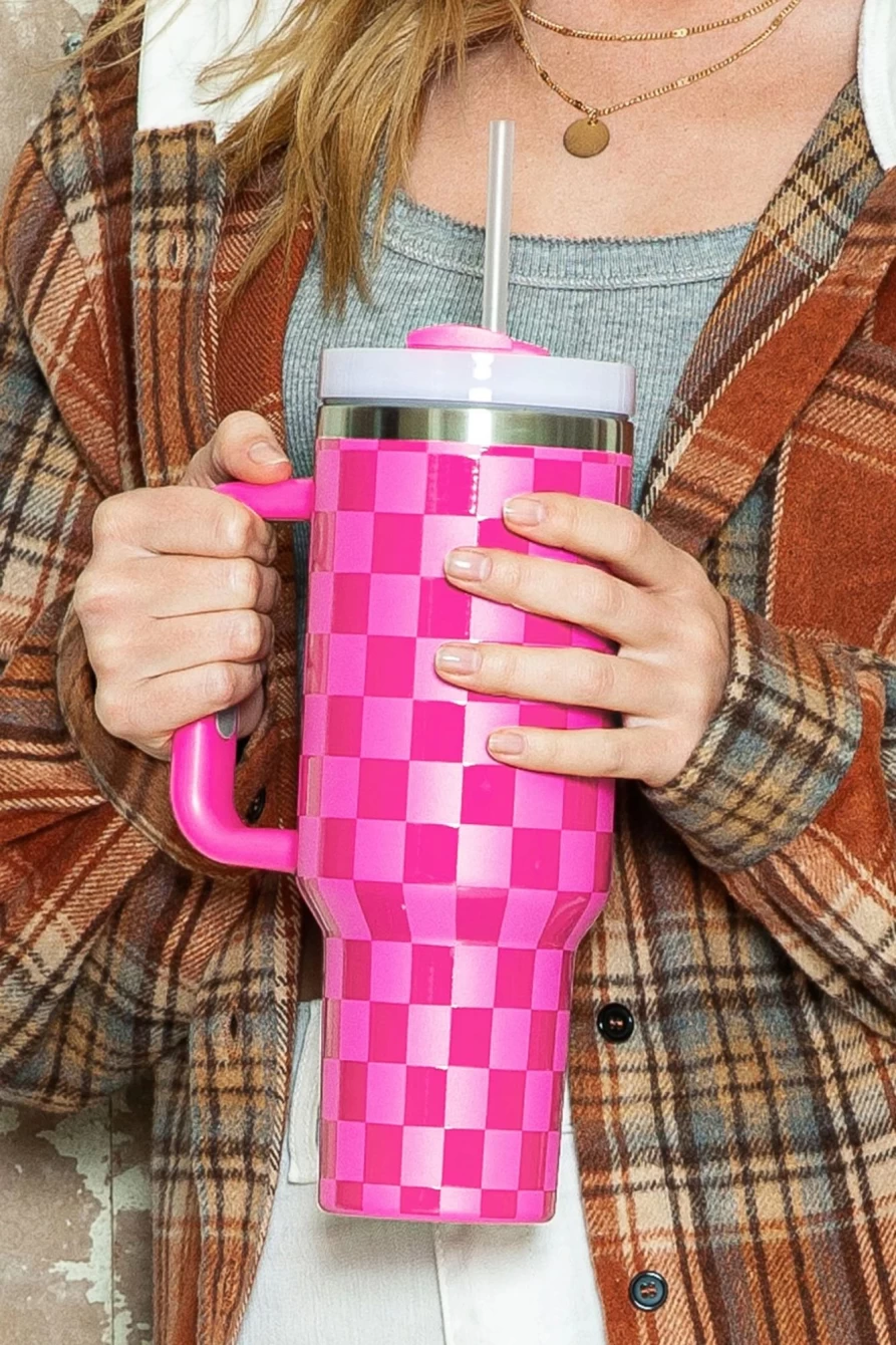 "Shewin Dark Pink Checkered Print Stainless Steel Tumbler Cup for Women - Insulated Handle Travel Mug"