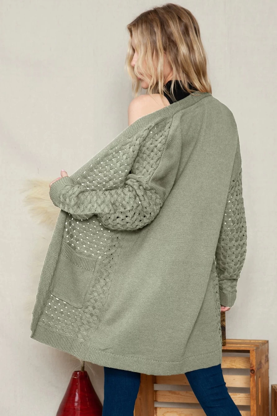 Shewin Women's Gray Woven Texture Knit Cardigan with Open Front Pockets