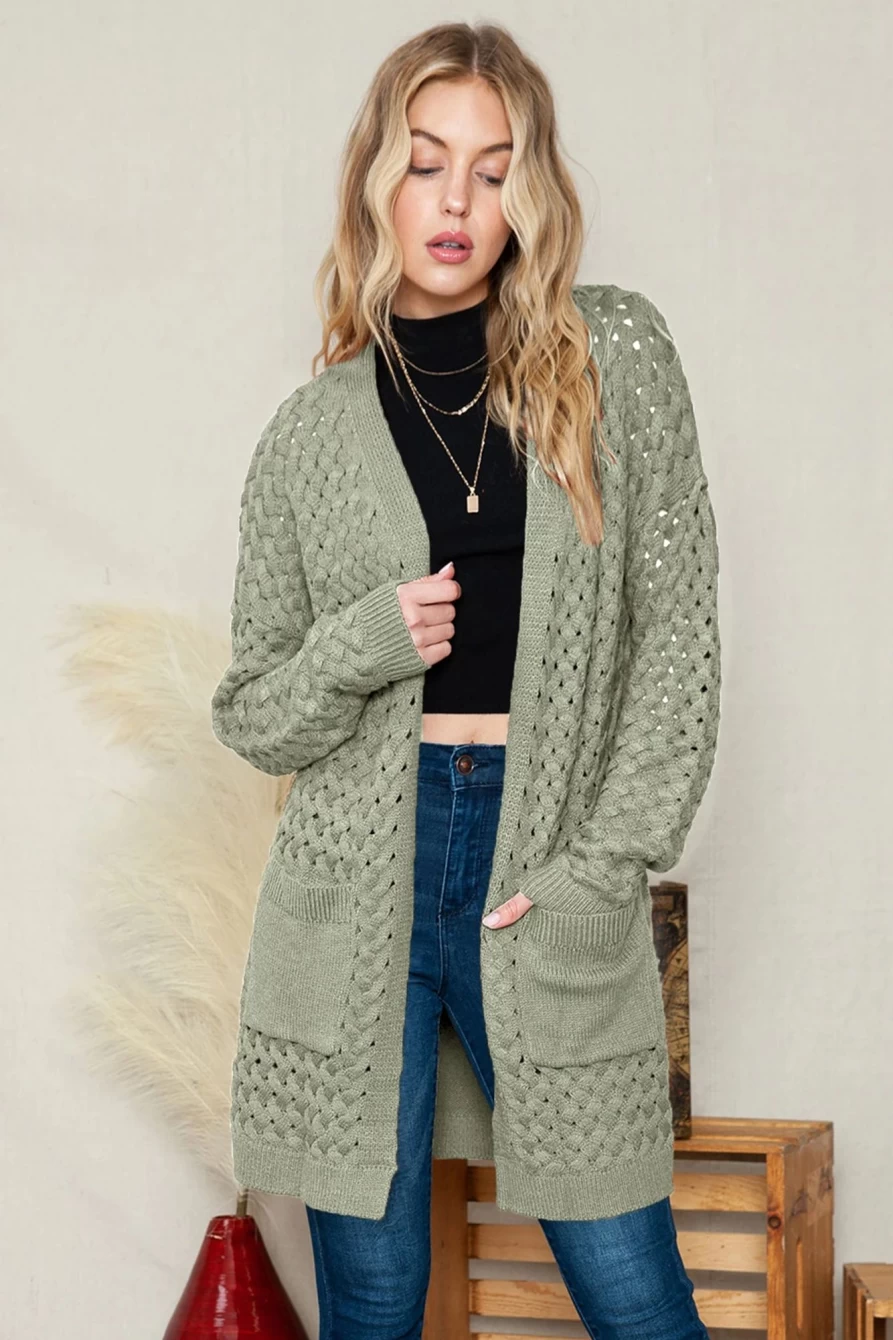 Shewin Women's Gray Woven Texture Knit Cardigan with Open Front Pockets