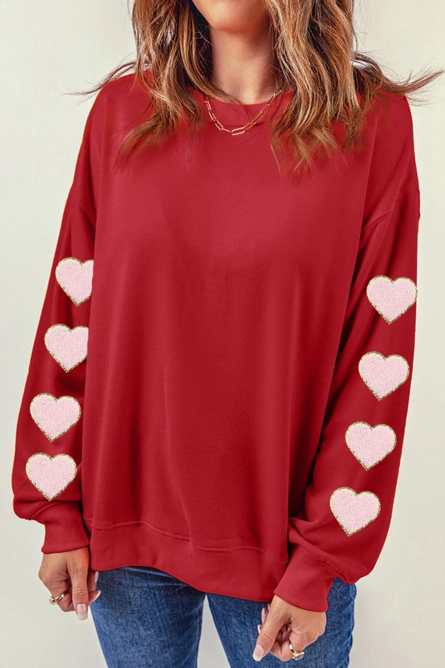 Shewin Women's Red-2 Heart Glitter Graphic Chenille Sweatshirt - Valentine's Day Love Top