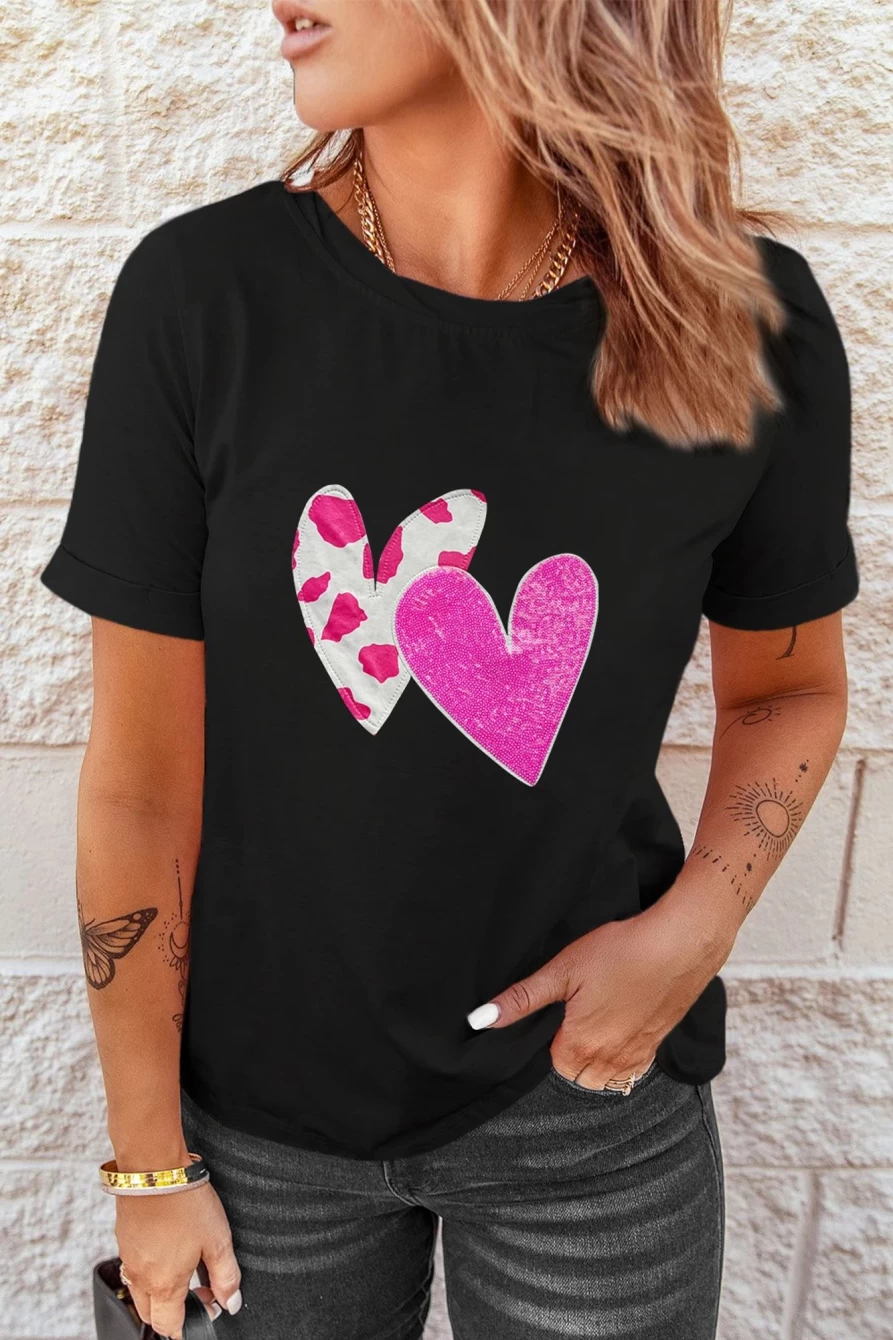"SheWin Women's Black Valentine's Day Double Heart Sequin Graphic T-Shirt"