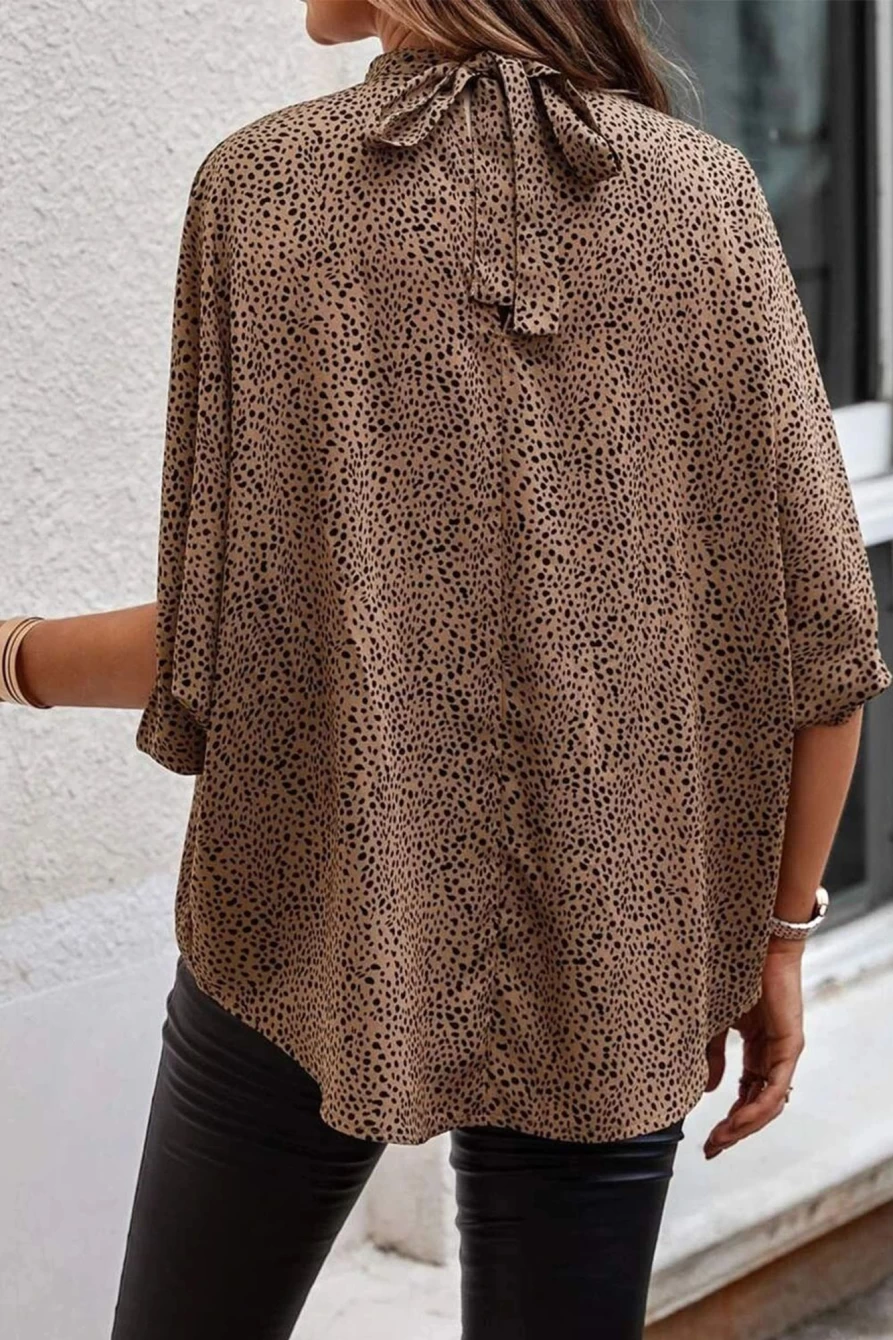 Shewin Women's Leopard Print Knot Front Stand Neck Tunic Blouse Short Sleeve Top