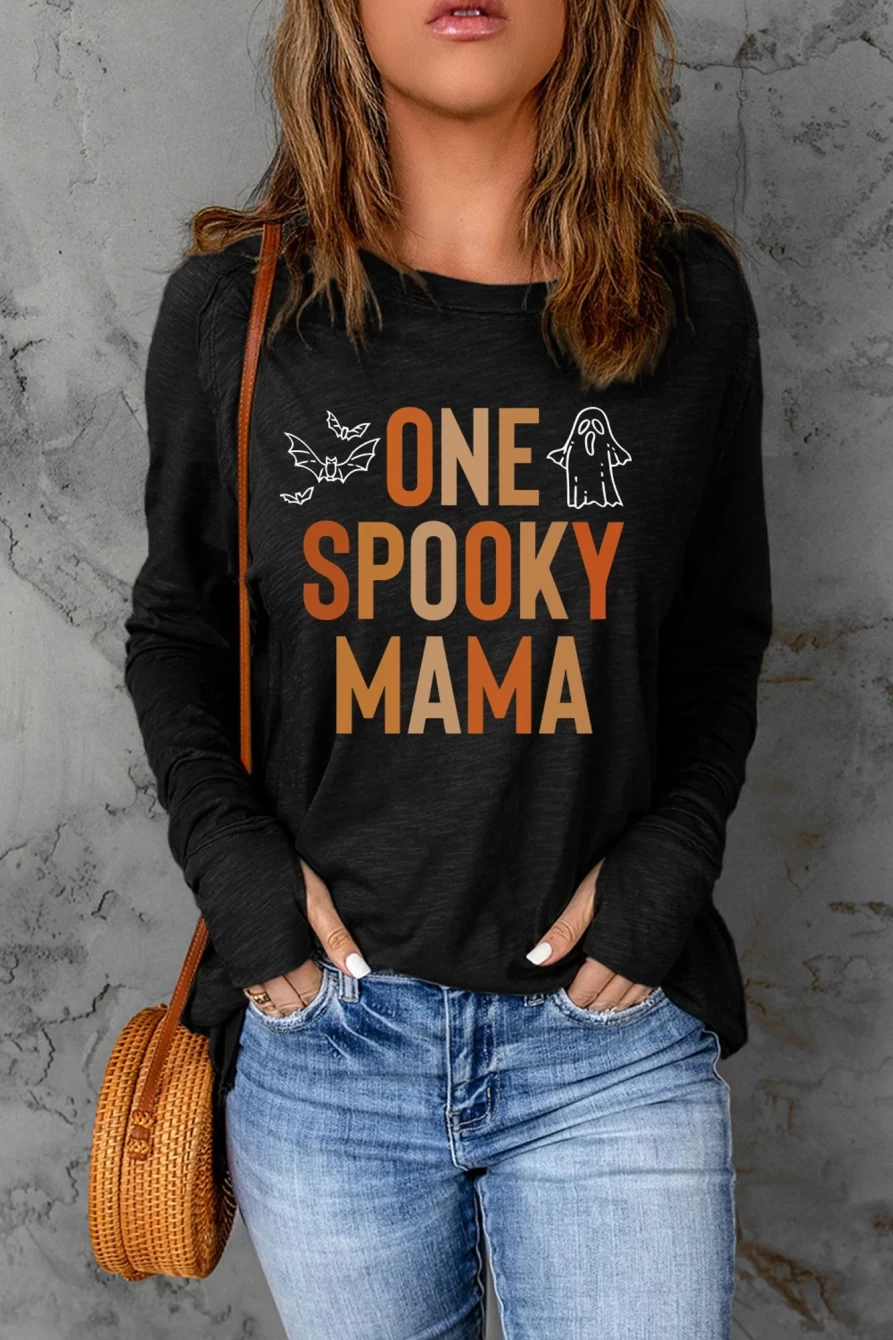"Women's Shewin Black Halloween Graphic Long Sleeve Top - Spooky Mama Design"