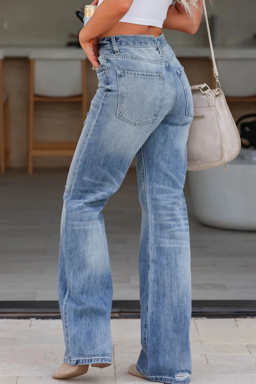 Shewin Women's Light Blue High Rise Distressed Straight Leg Jeans