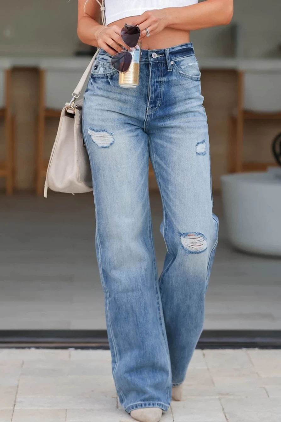 Shewin Women's Light Blue High Rise Distressed Straight Leg Jeans