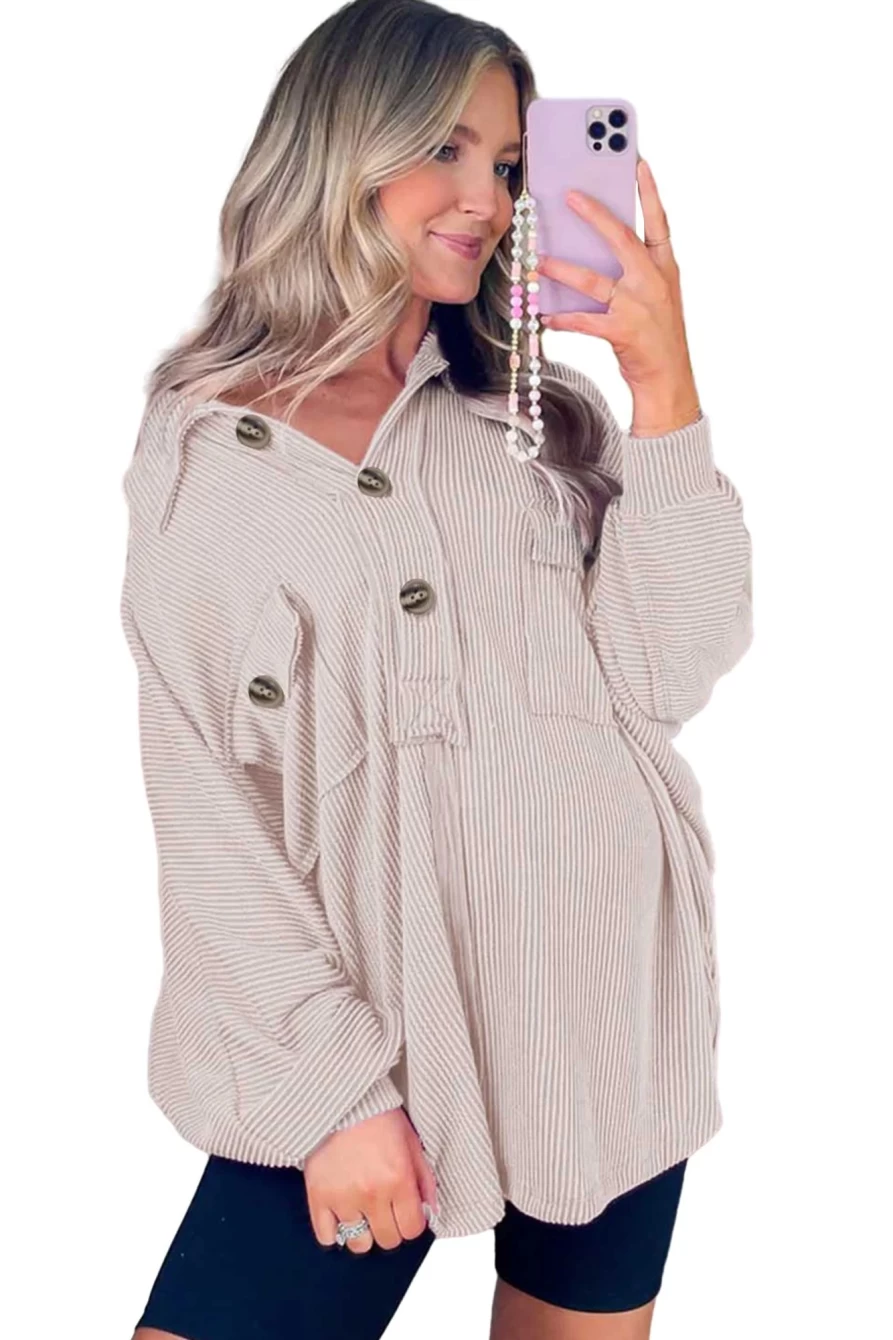 Shewin Women's Khaki Button-Down Collar Top with Flap Pockets and Cording Detail