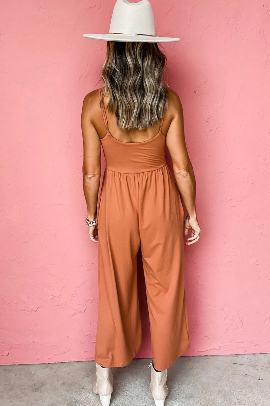 Shewin Women's Orange Solid Color Wide Leg Jumpsuit with Spaghetti Straps
