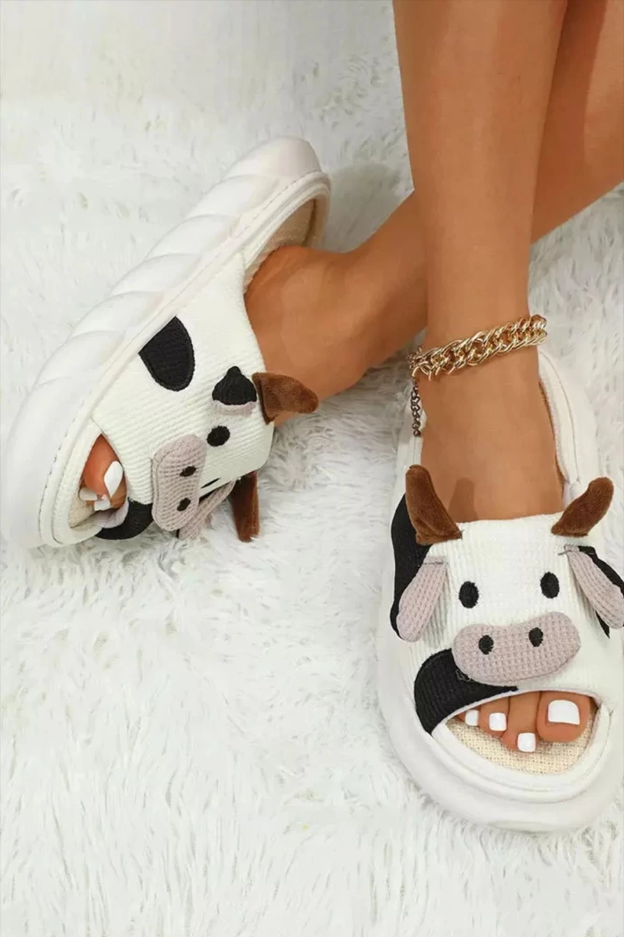 "Shewin Women's Bright White Cute Animal Pattern Open-Toe Slippers"