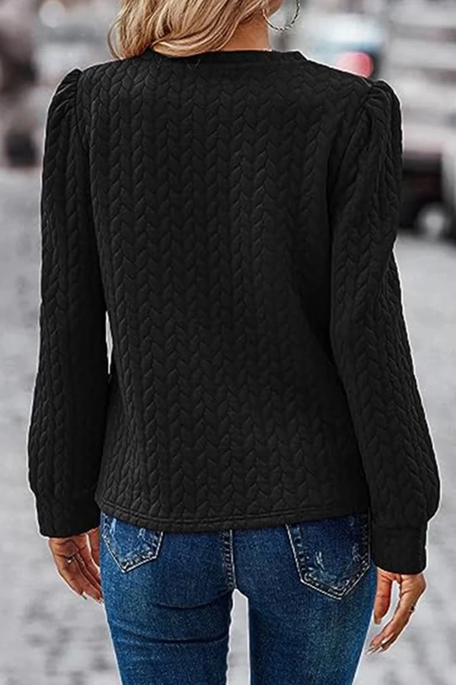 Shewin Women's Black Waffle Quilted Puff Sleeve Sweatshirt - Cozy Winter Pullover