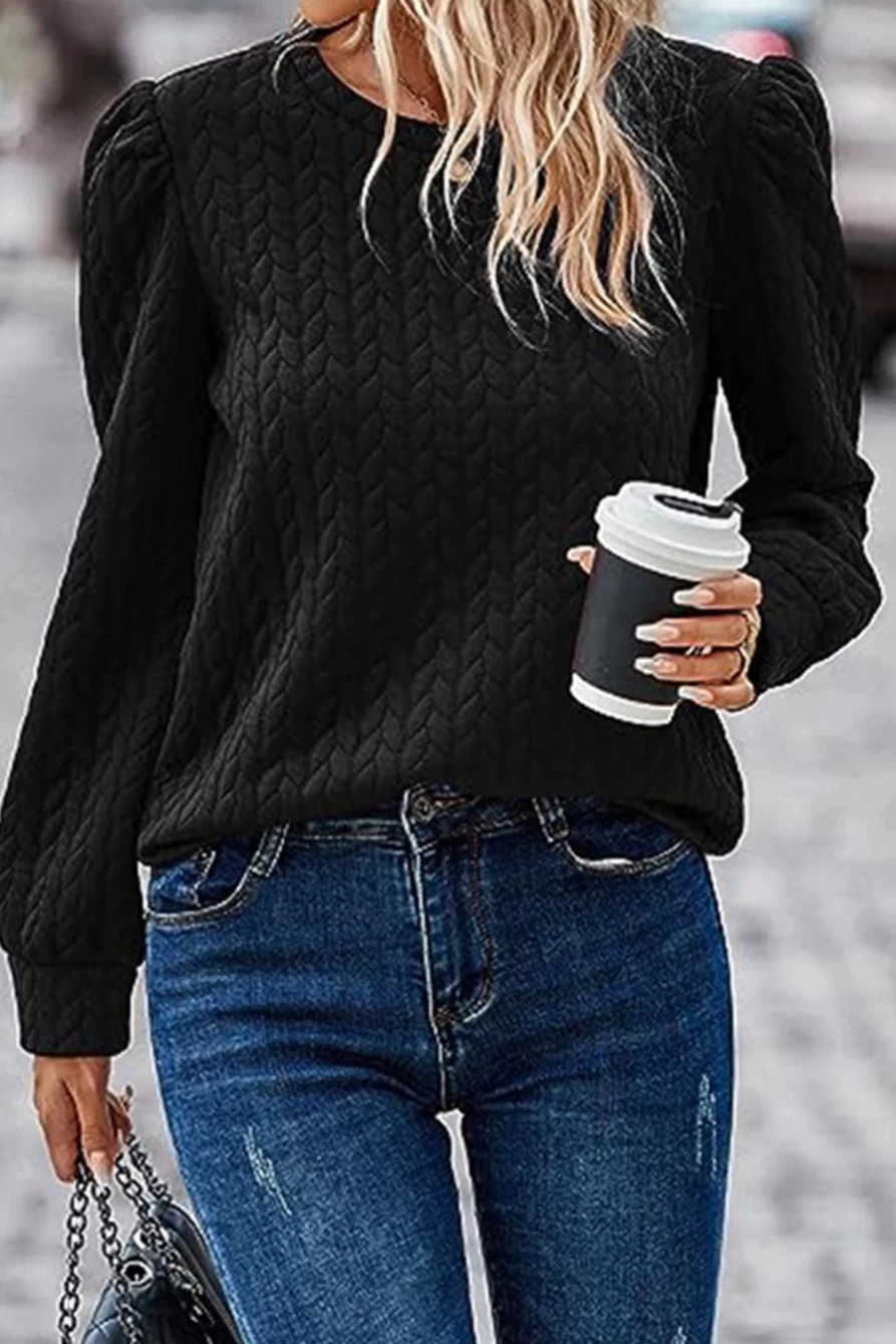 Shewin Women's Black Waffle Quilted Puff Sleeve Sweatshirt - Cozy Winter Pullover