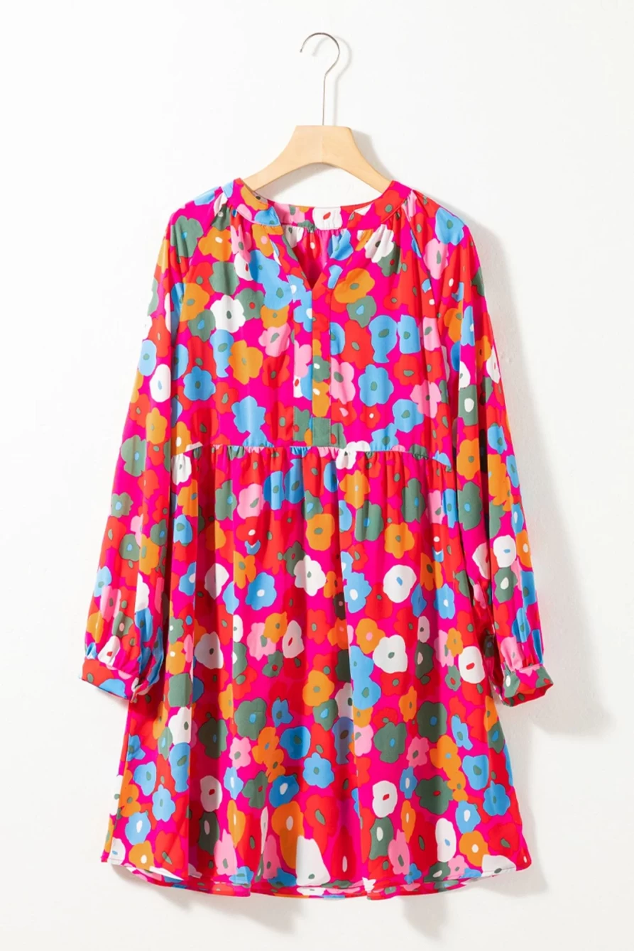 Shewin Women's Boho Floral Split V-Neck Mini Dress in Rose Red