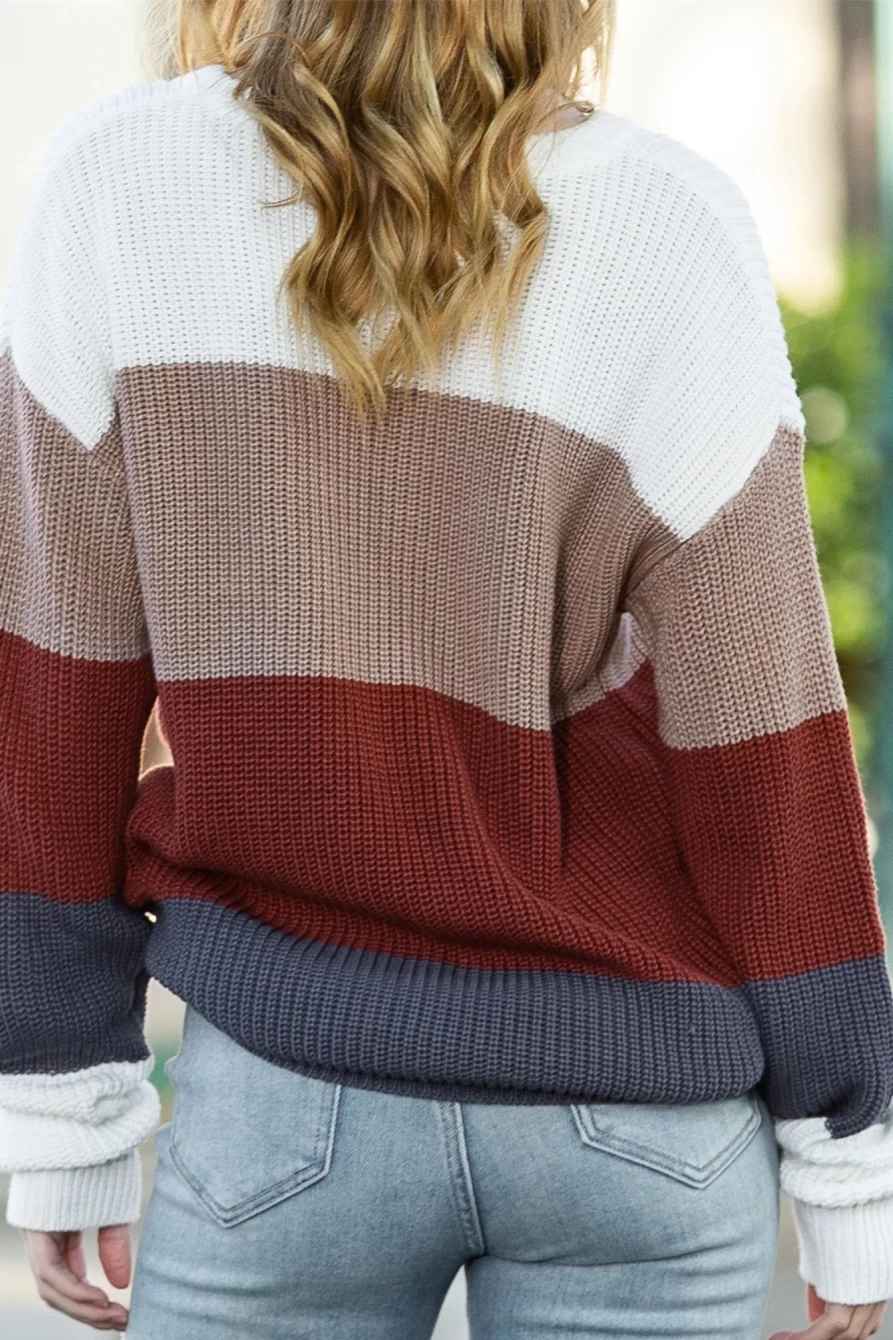 "SheWin Women's Red Color Block Knit Pullover Sweater - Casual Comfort Style"