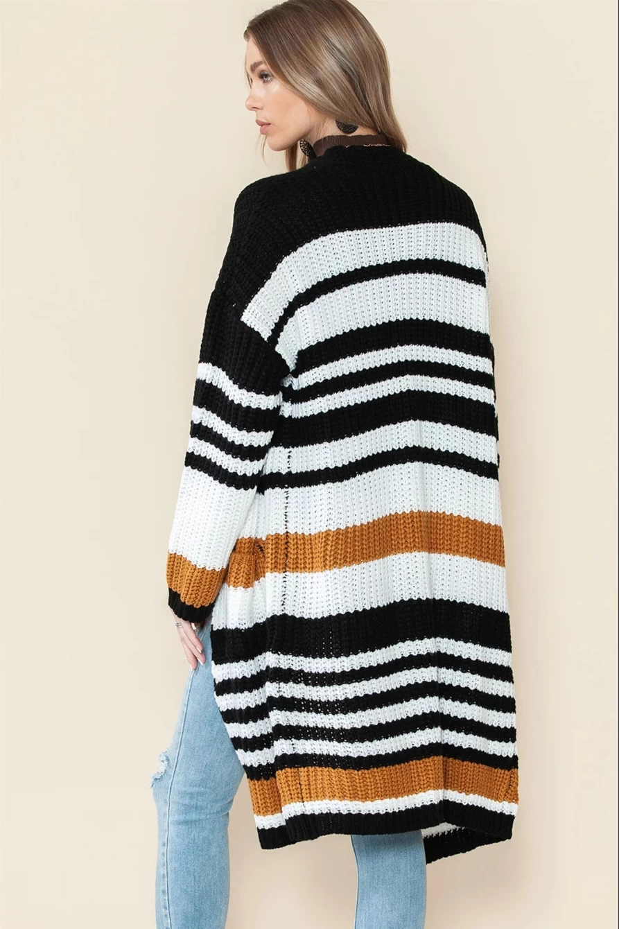Shewin Women's Stripe Long Cardigan with Drop Shoulder & Open Front