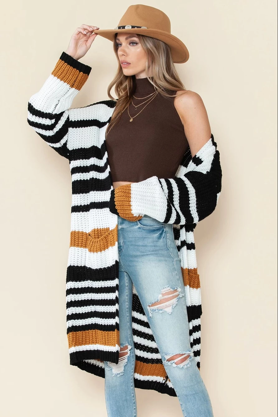 Shewin Women's Stripe Long Cardigan with Drop Shoulder & Open Front