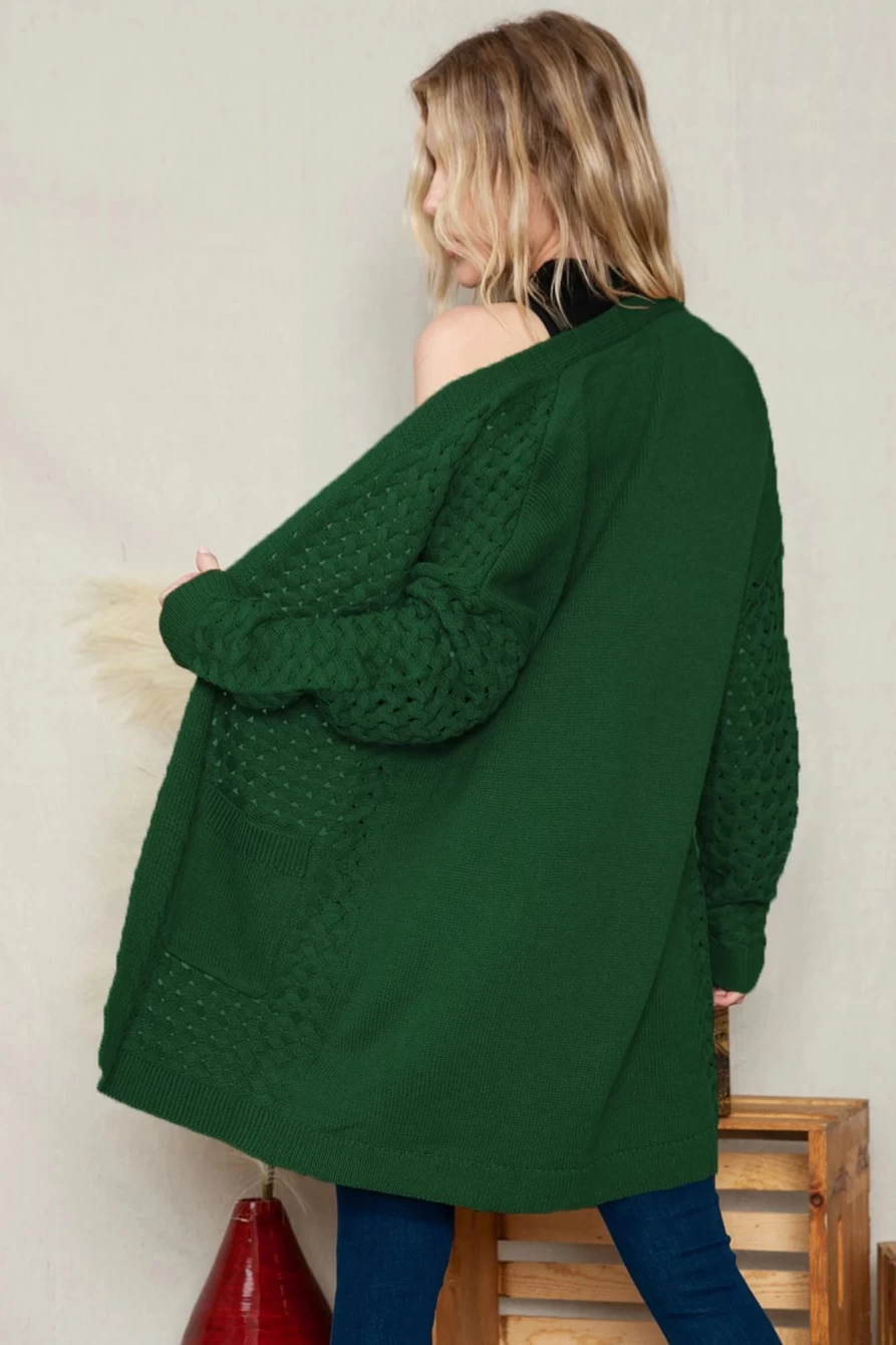 Women's Green Woven Texture Knit Cardigan with Open Front Pockets - Shewin