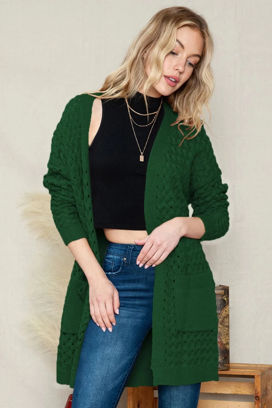 Women's Green Woven Texture Knit Cardigan with Open Front Pockets - Shewin