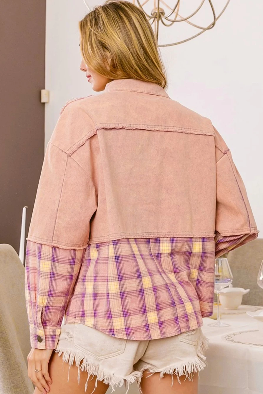Women's Pink Denim & Flannel Shacket by Shewin - Button-Up Shirt Jacket with Pockets