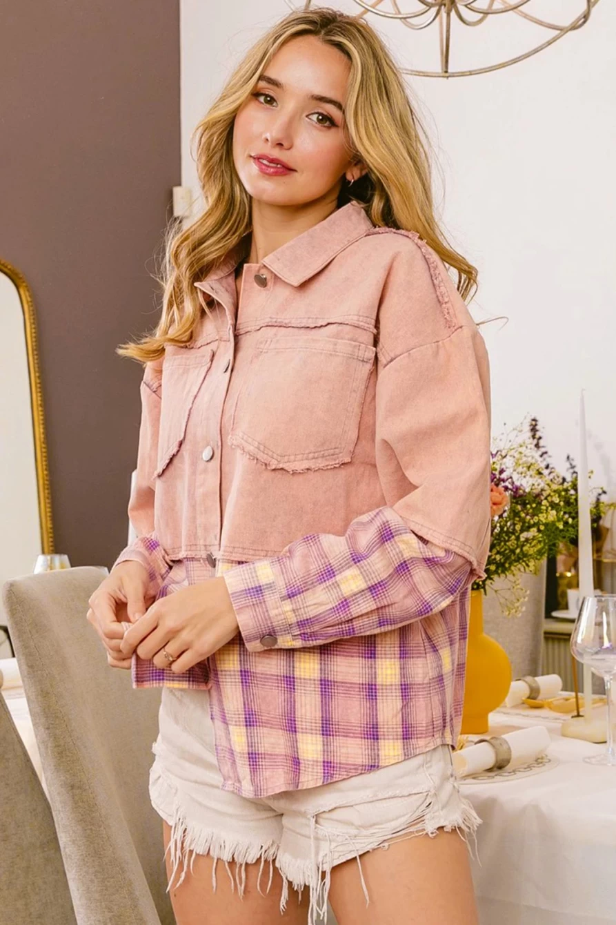 Women's Pink Denim & Flannel Shacket by Shewin - Button-Up Shirt Jacket with Pockets