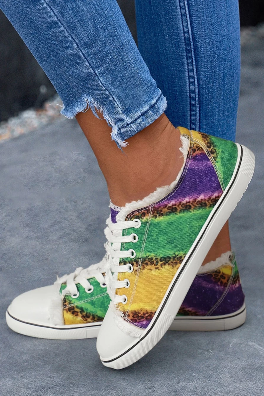Shewin Women's Leopard Multicolor Canvas Shoes - Color Block Lace-Up Sneakers