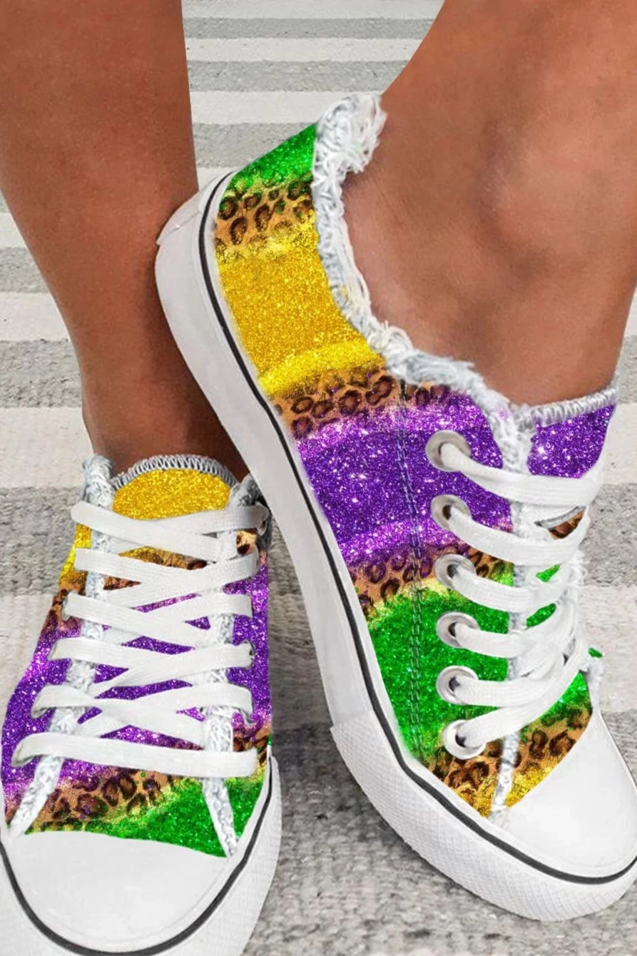 Shewin Women's Leopard Multicolor Canvas Shoes - Color Block Lace-Up Sneakers